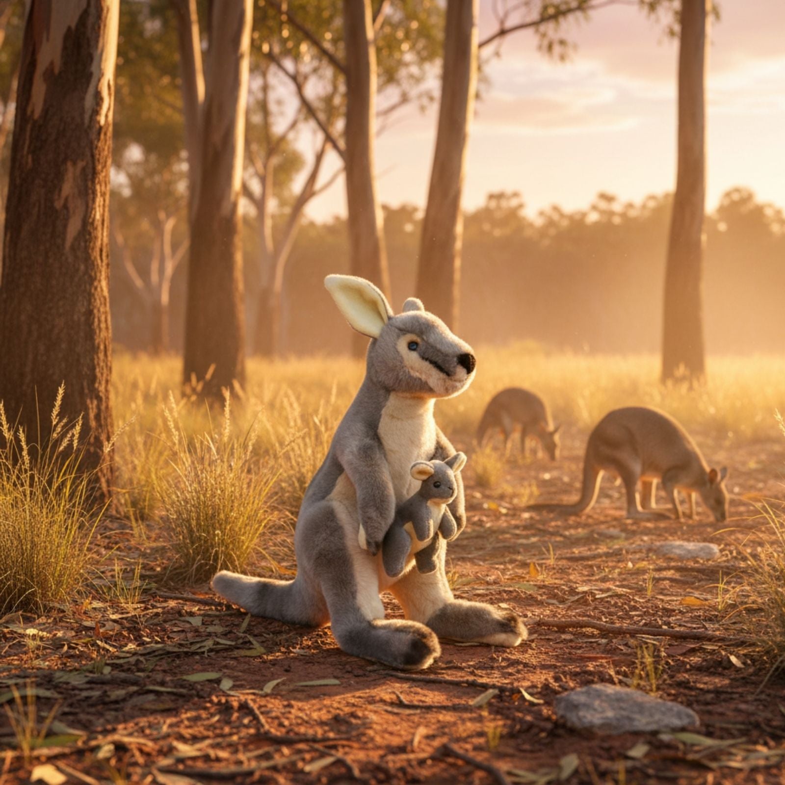 Plush kangaroo toy in a forest setting with real kangaroos in the background.