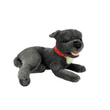 Grey Staffy dog plush toy lying
