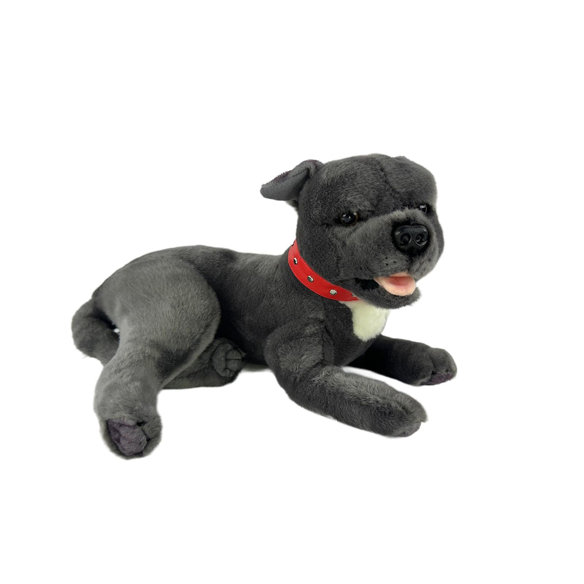 Grey Staffy dog plush toy lying