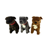 Three sitting Staffy plush toy in different colors