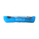Bocchetta branded blue plush dog bed with white logo on front.