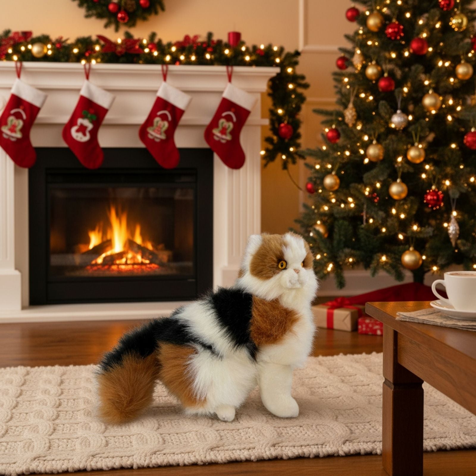 a sitting Calico cat and is a realistic soft plush toy