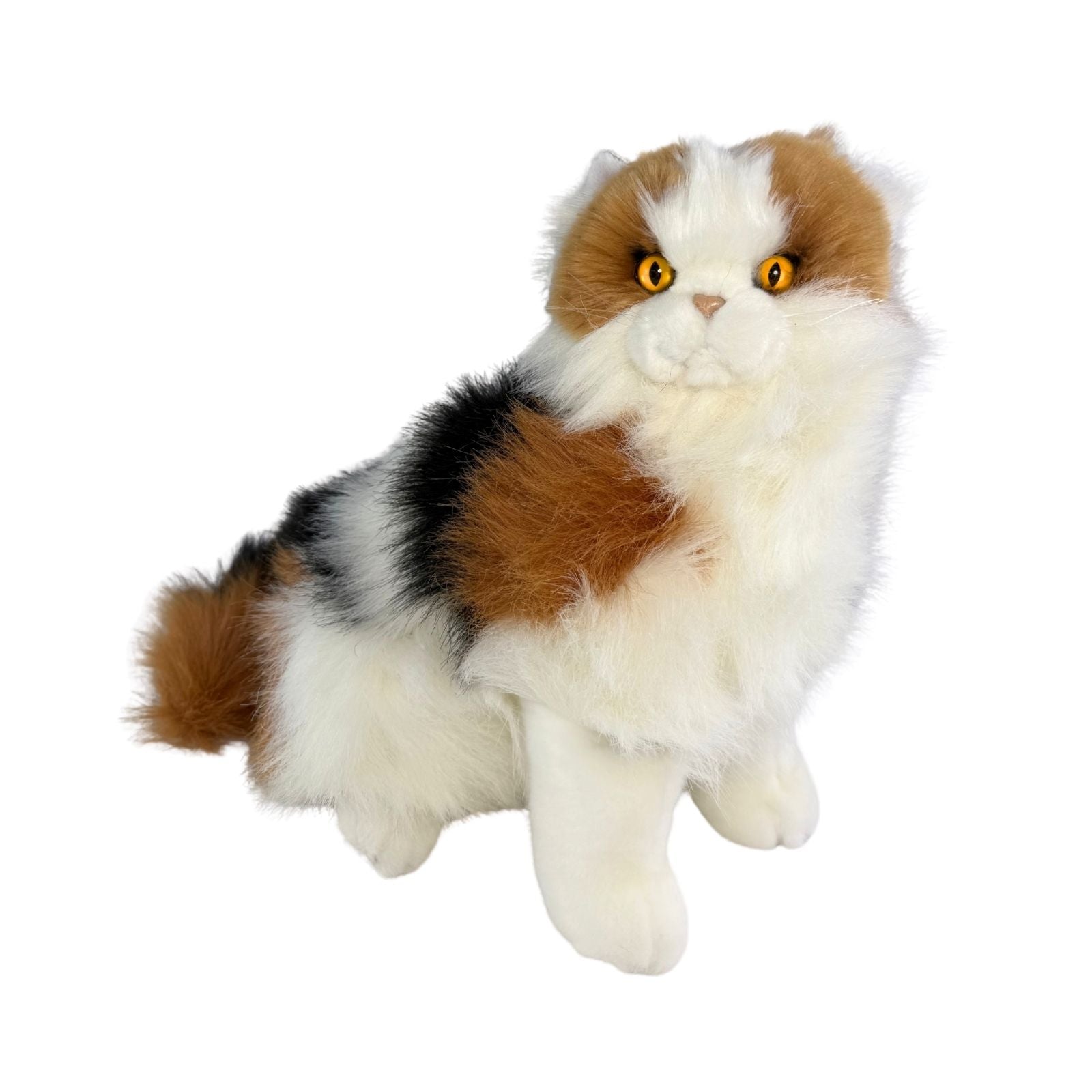 a sitting Calico cat and is a realistic soft plush toy