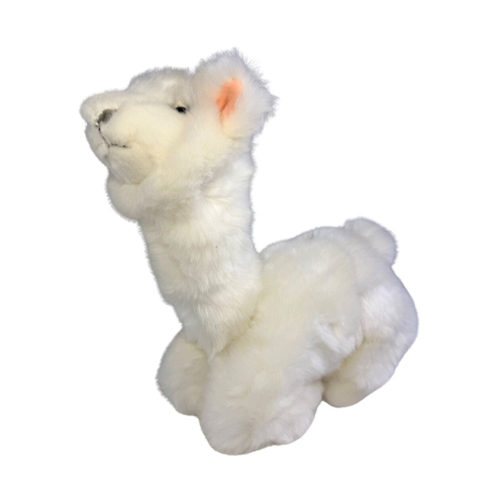 a charming white stuffed plush toy alpaca in a lying position