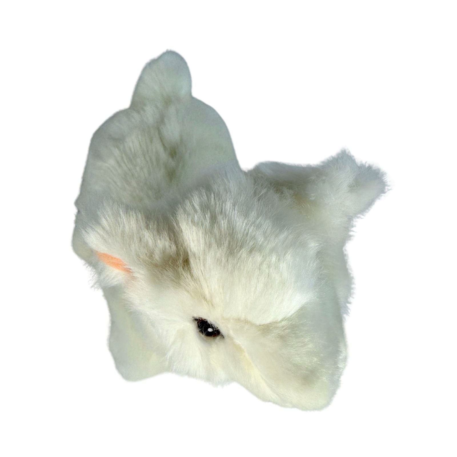 a charming white stuffed plush toy alpaca in a lying position