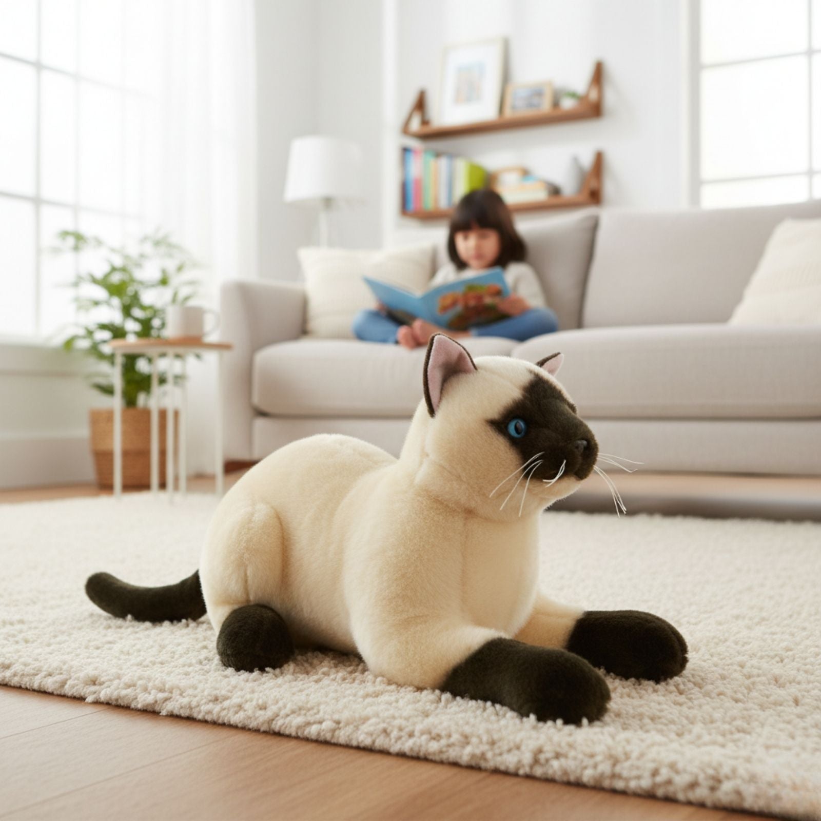 a crouching Siamese cat and is a realistic soft plush animal.