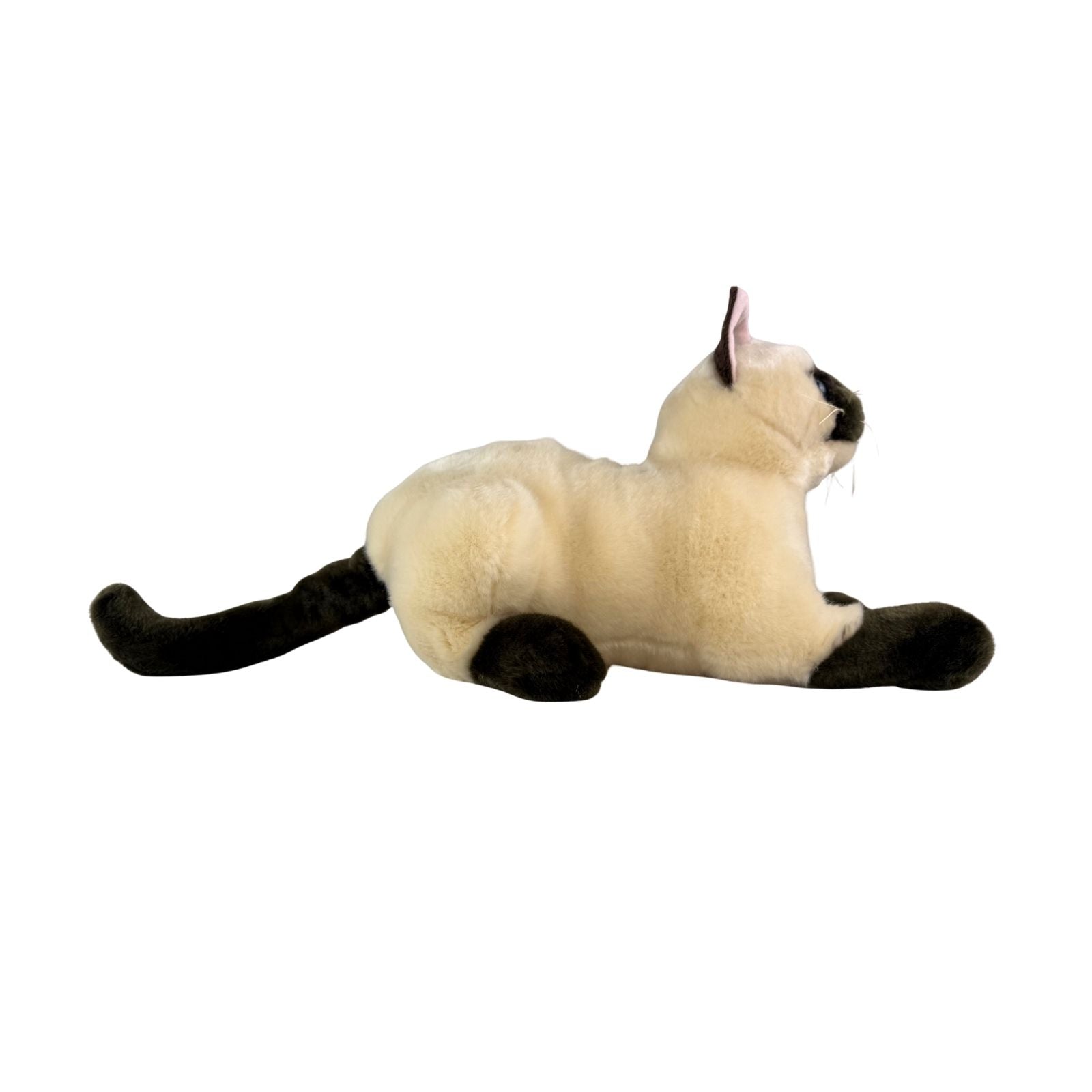 a crouching Siamese cat and is a realistic soft plush animal.