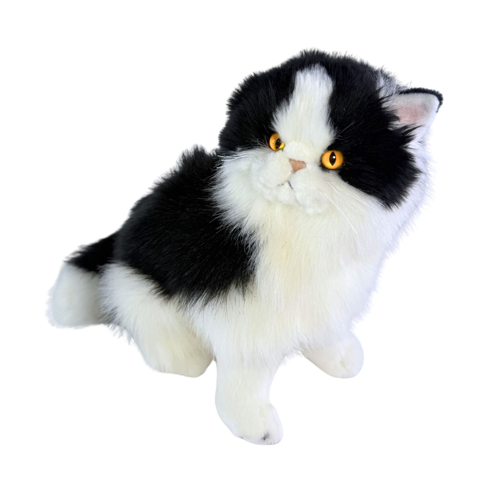 a sitting Piebald cat in white and black colour and is a realistic soft plush toy