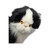 a sitting Piebald cat in white and black colour and is a realistic soft plush toy