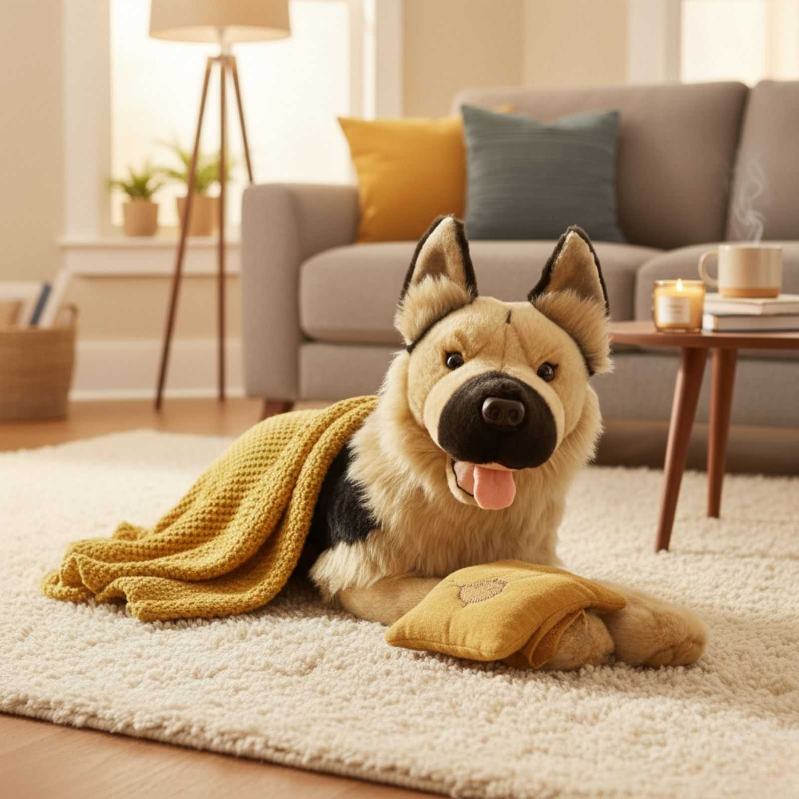 an extra-large quality handmade realistic German Shepherd plush toy in a lying position