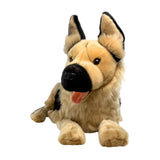 an extra-large quality handmade realistic German Shepherd plush toy in a lying position