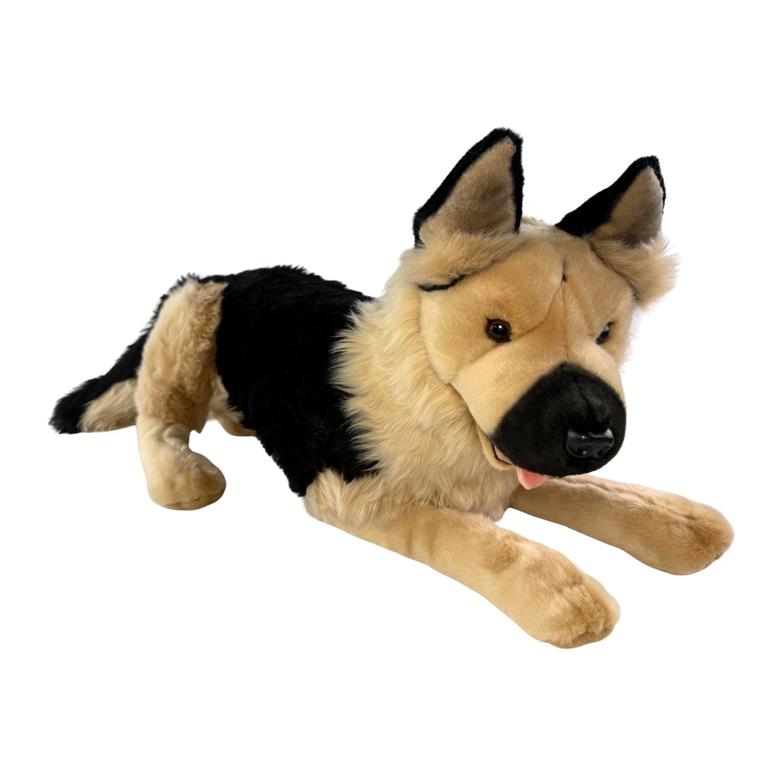 an extra-large quality handmade realistic German Shepherd plush toy in a lying position