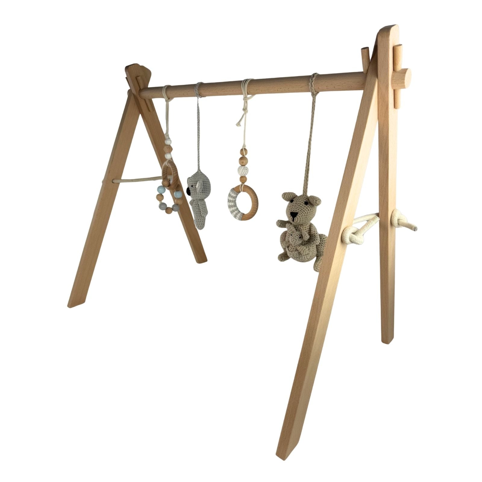 Wooden Aussie baby gym with hanging animal toys