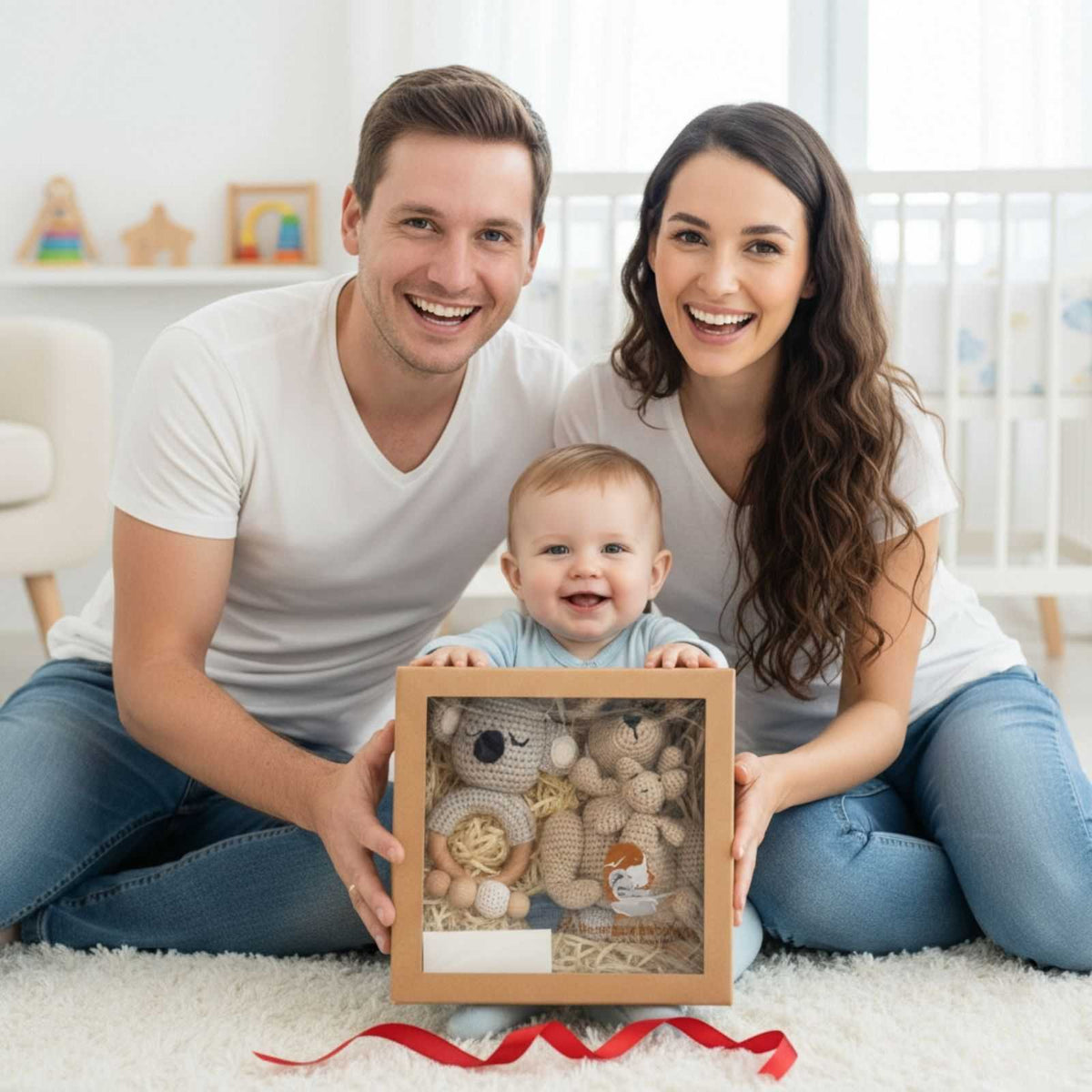 Smiling family with baby holding Aussie baby shower gift box