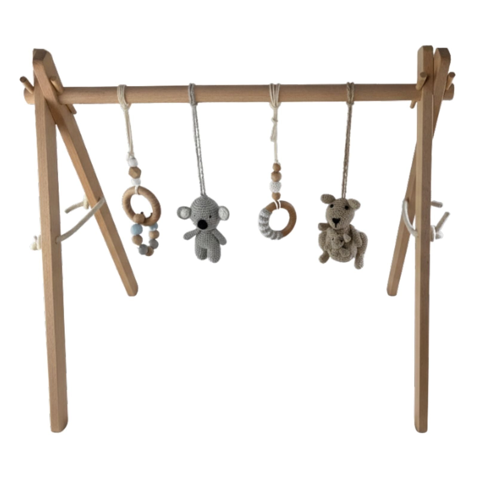 Wooden Aussie baby gym with hanging animal toys