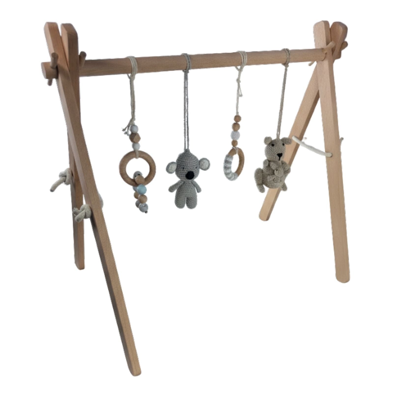Wooden Aussie baby gym with hanging animal toys