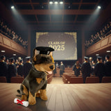 Basil Kelpie graduation plush toy in a graduation ceremony