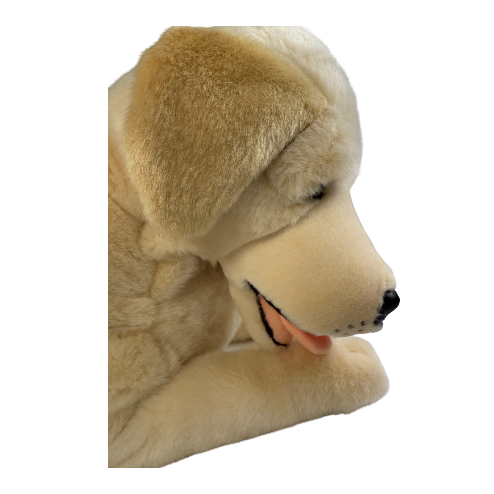 large plush Labrador soft toy in a lying position.