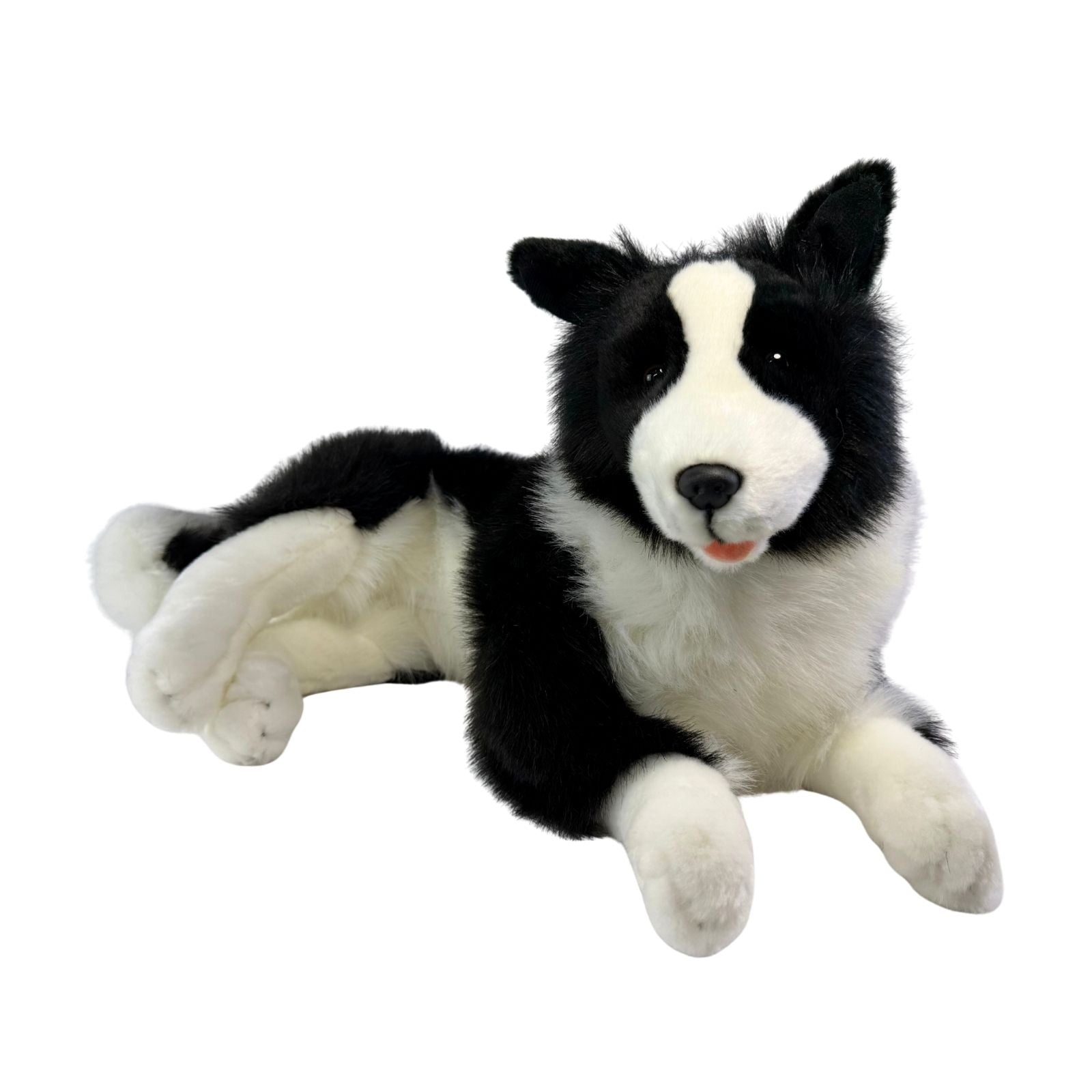 stuffed Border Collie plush toy in a lying position.
