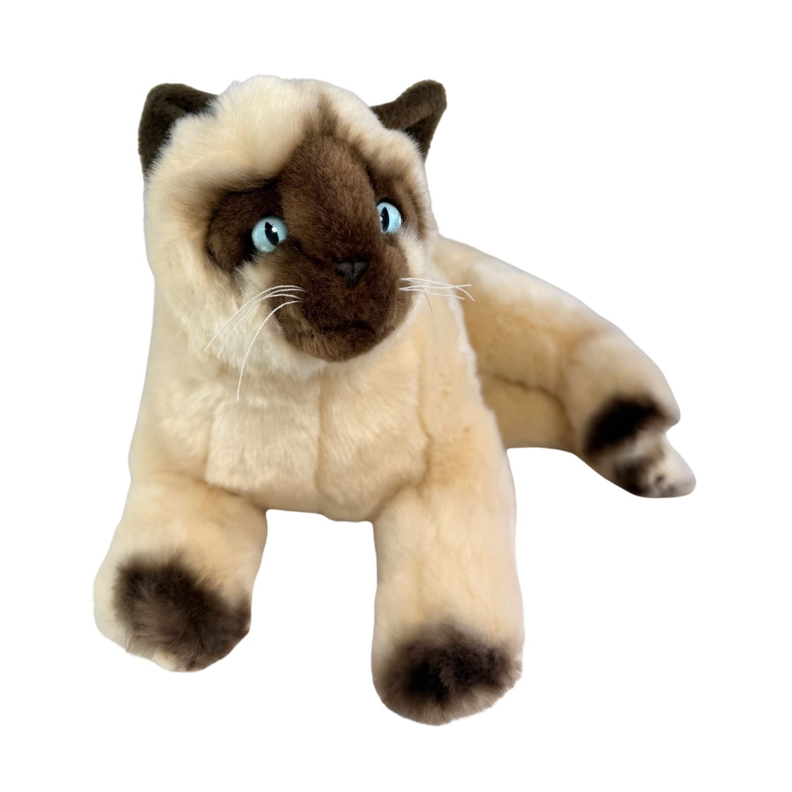 Siamese cat and is a realistic soft plush toy
