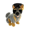 Front view of Bluey Cattle Dog plush toy in graduation hat