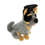 Side view of Bluey Cattle Dog plush toy in graduation hat