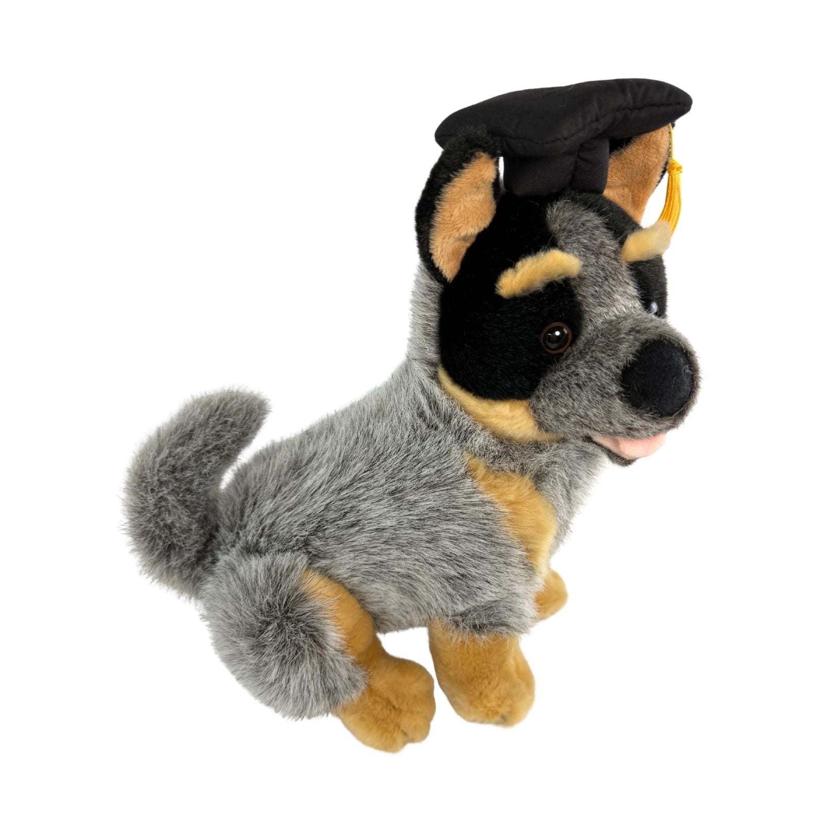 Side view of Bluey Cattle Dog plush toy in graduation hat