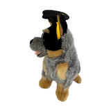 Side view of Bluey Cattle Dog plush toy in graduation hat