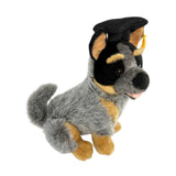 Side view of Bluey Cattle Dog plush toy in graduation hat