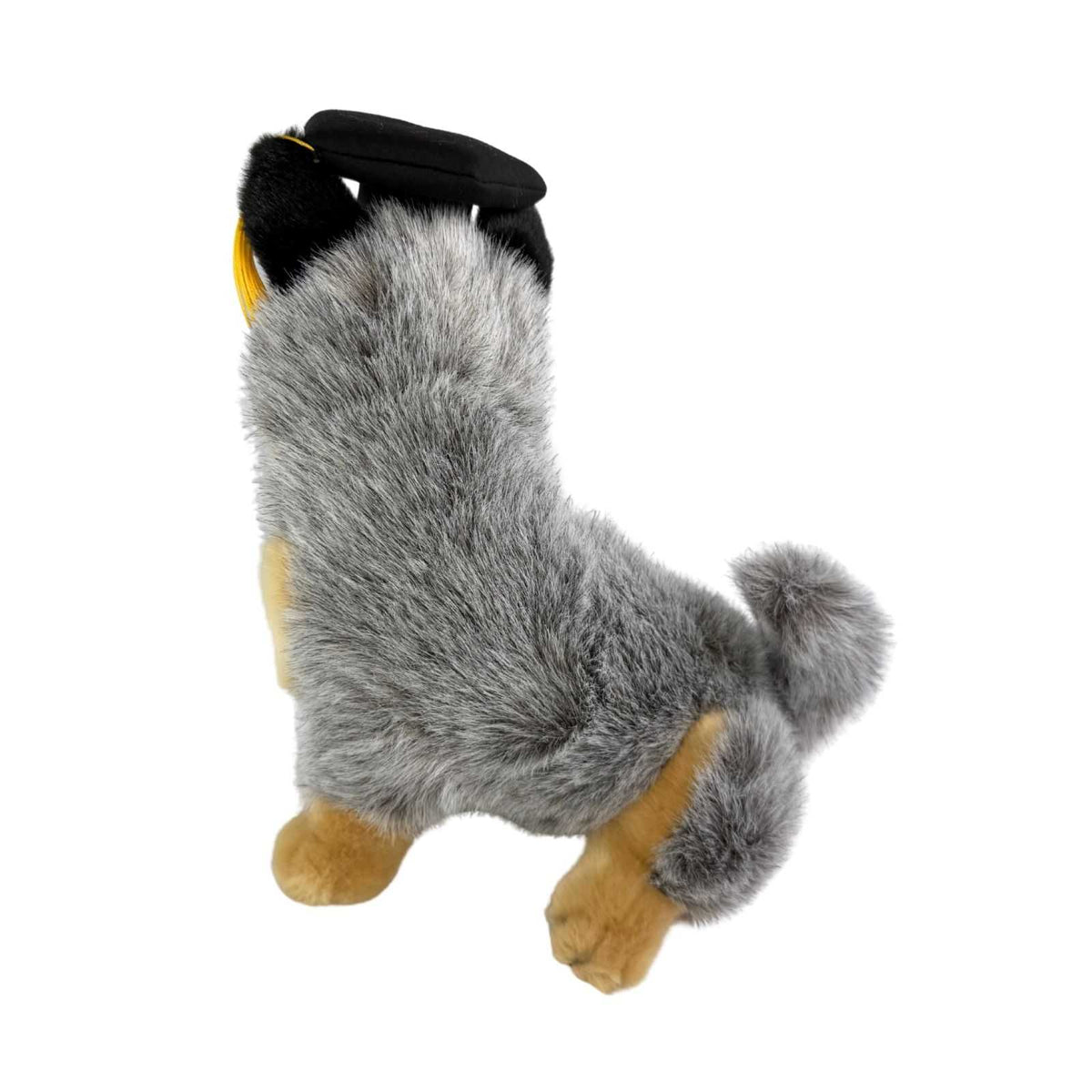 Side view of Bluey Cattle Dog plush toy in graduation hat