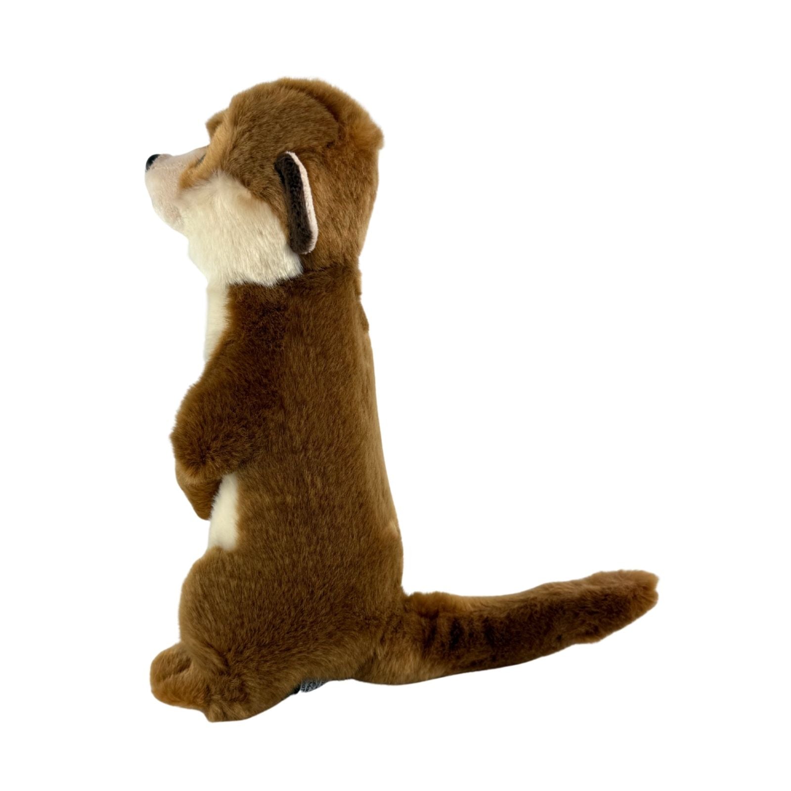 a realistic small-size stuffed Meerkat soft toy in a standing position.