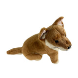 Brown plush dingo toy on a white background