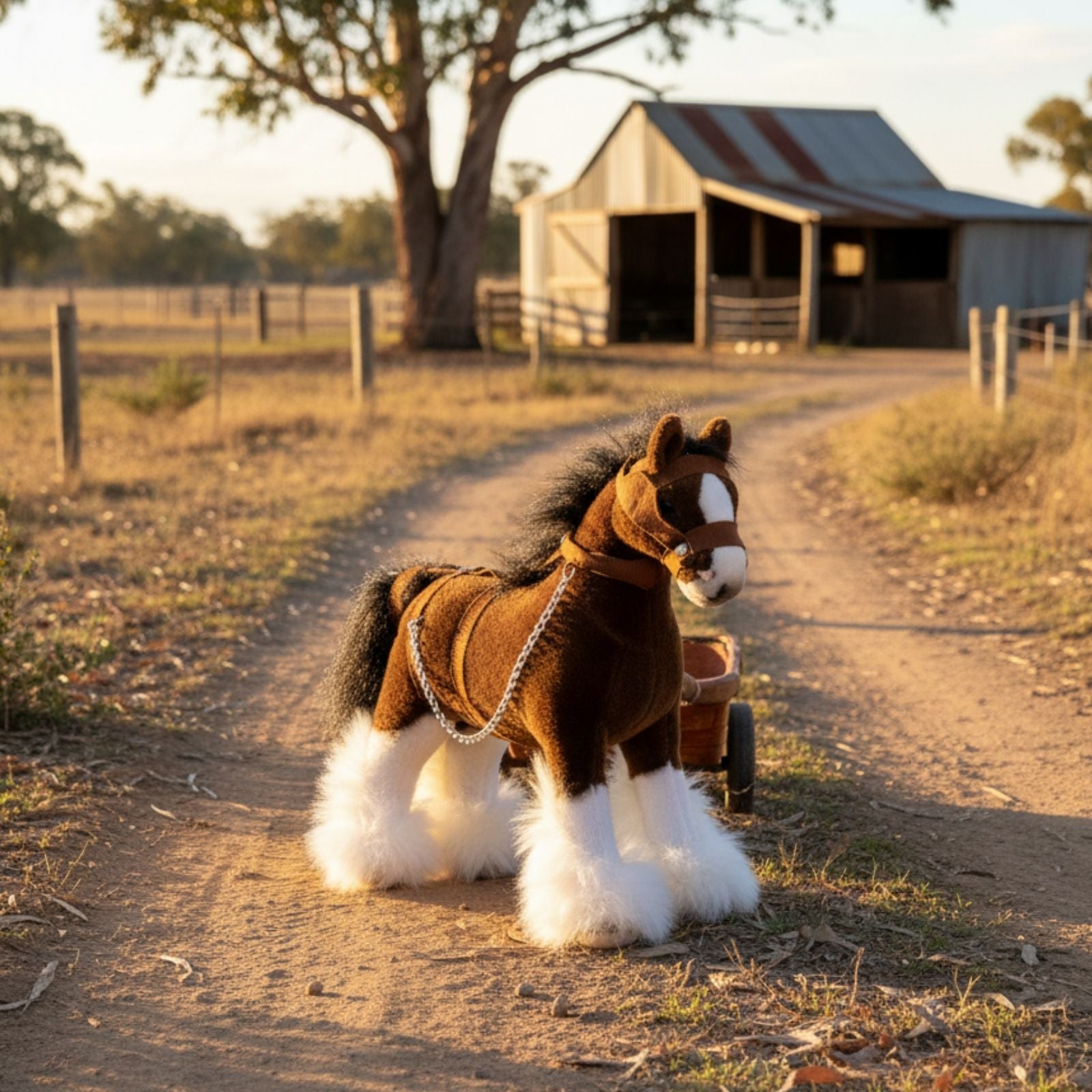 Clyde realistic mini Clydesdale Horse plush toy outdoors
