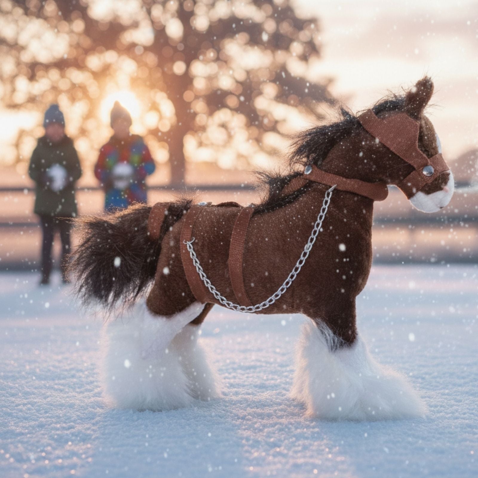 Clyde realistic mini Clydesdale Horse plush toy on snow