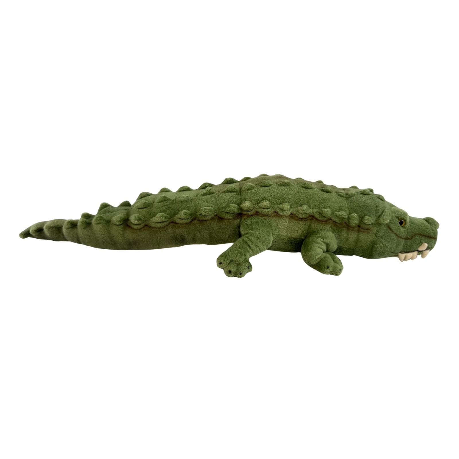 Green plush alligator toy on a white background