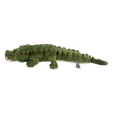 Green plush alligator toy on a white background