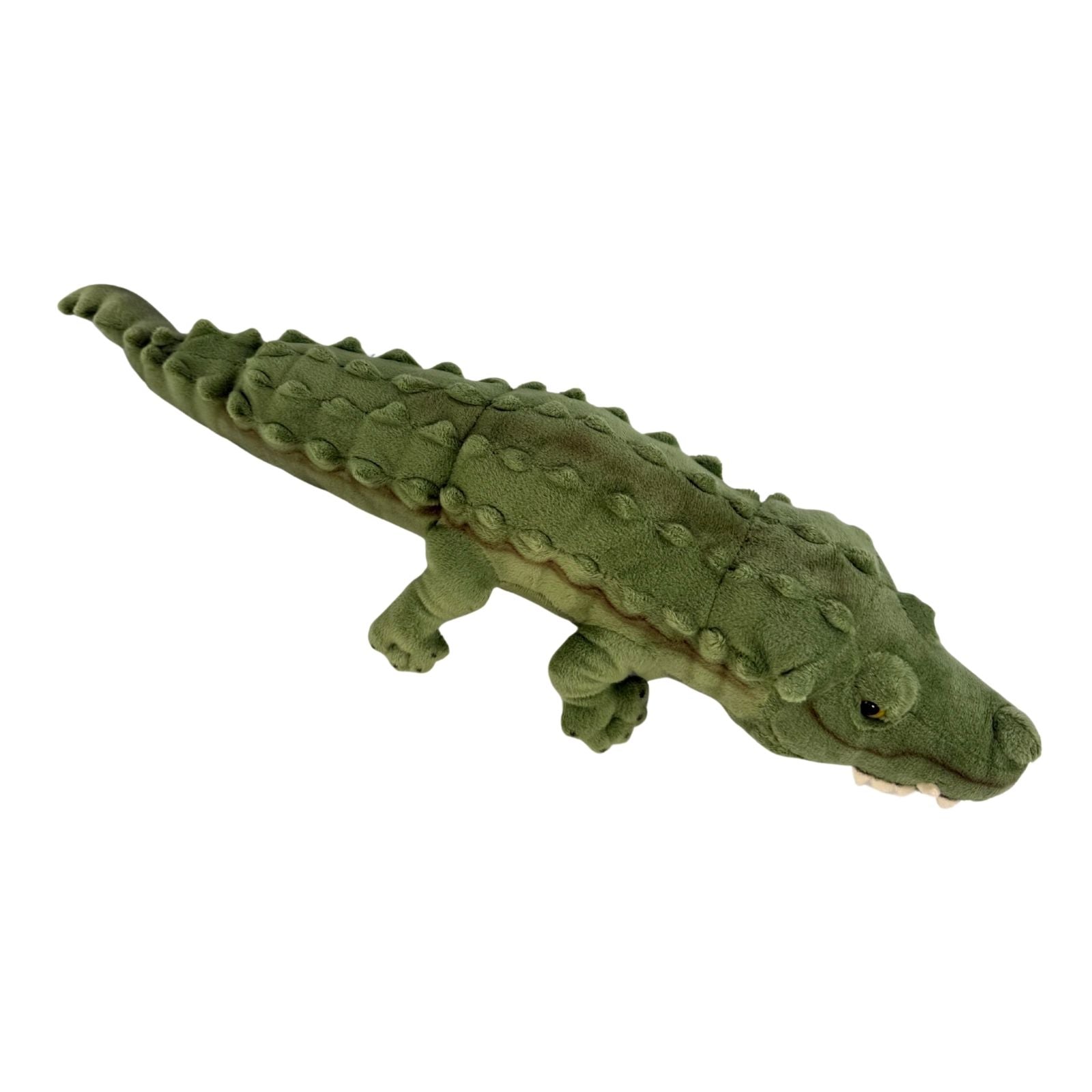 Green plush alligator toy on a white background