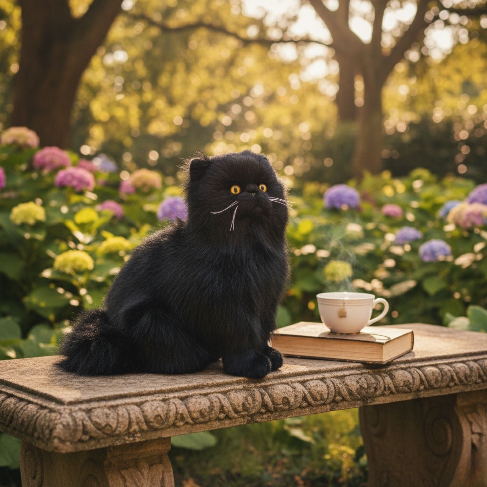 Crystal black Persian cat plush toy sitting on bench outdoors