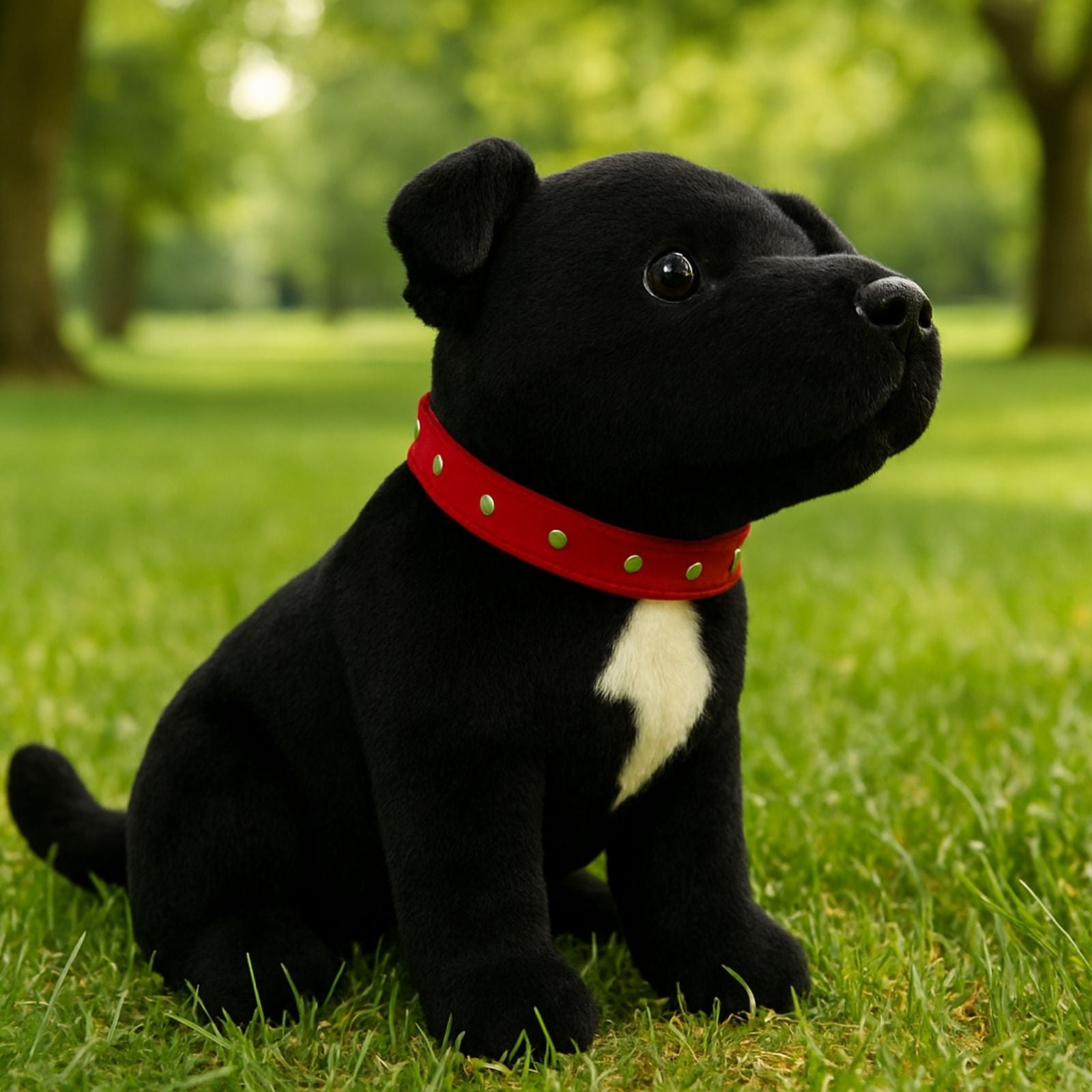 Black Staffy dog plush toy sitting outdoors