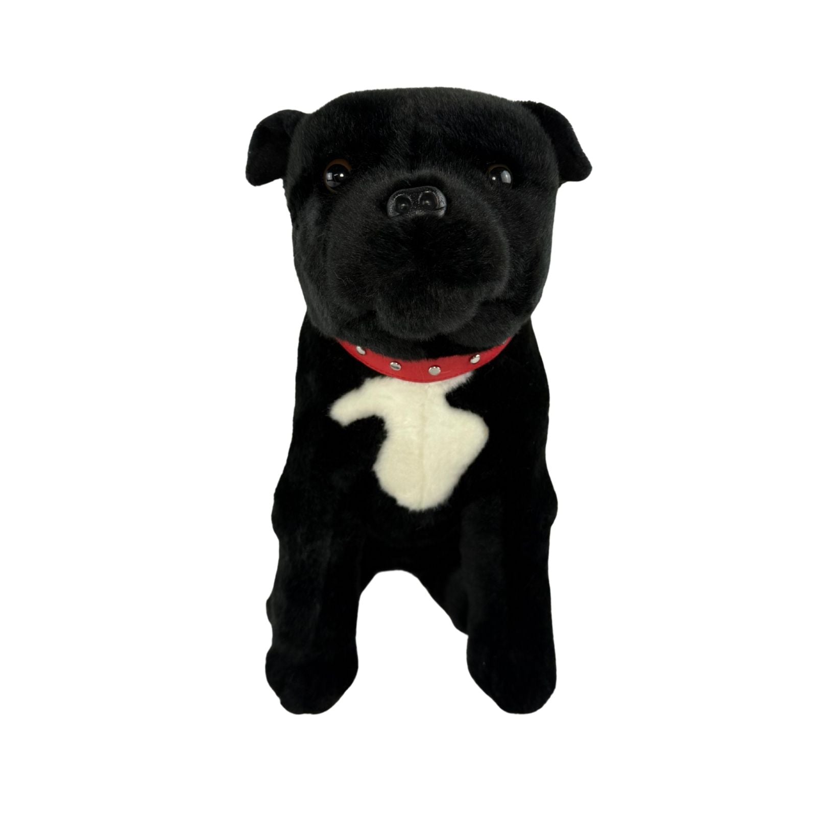 Front view of black Staffy dog plush toy sitting