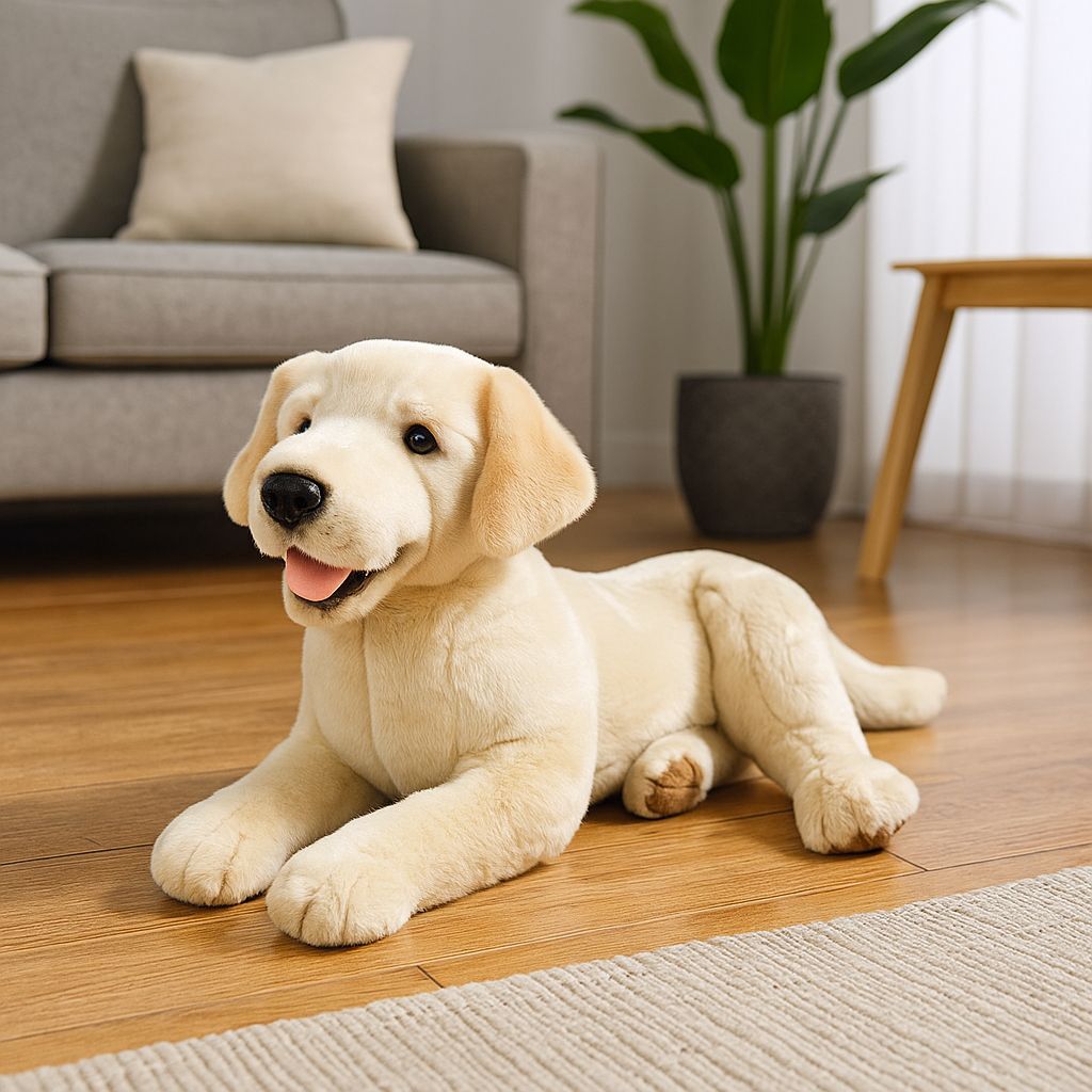 Daisy cream Labrador plush toy dog on living room floor