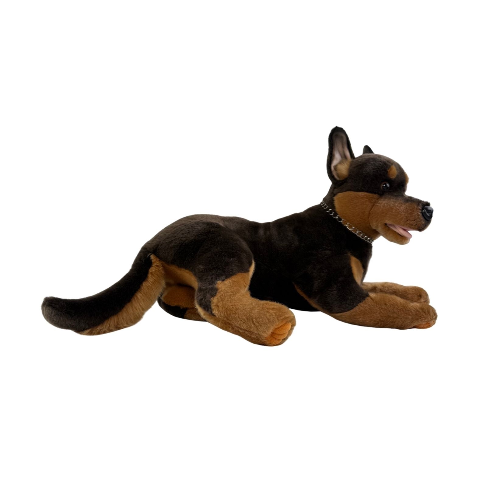 Denver dark brown Kelpie plush toy dog lying side view