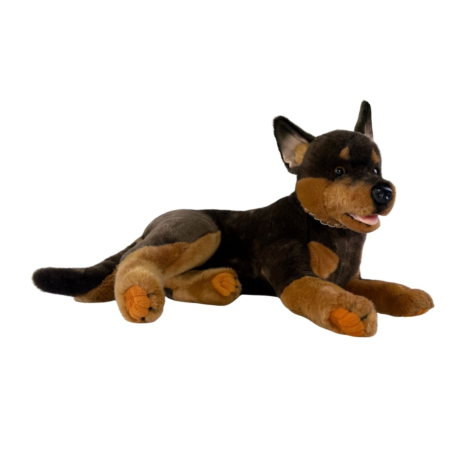 Denver dark brown Kelpie plush toy dog lying side view