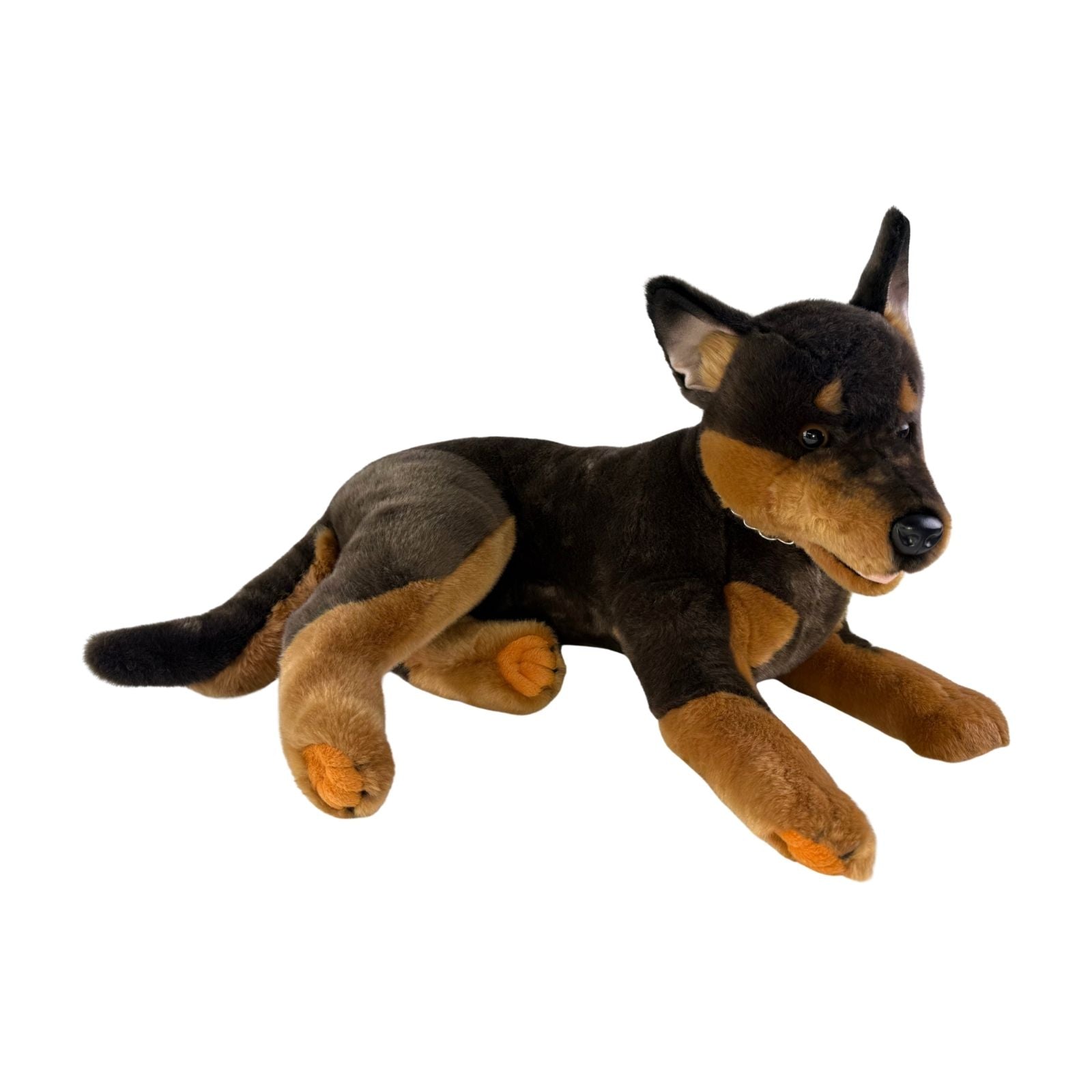 Denver dark brown Kelpie plush toy dog lying side view
