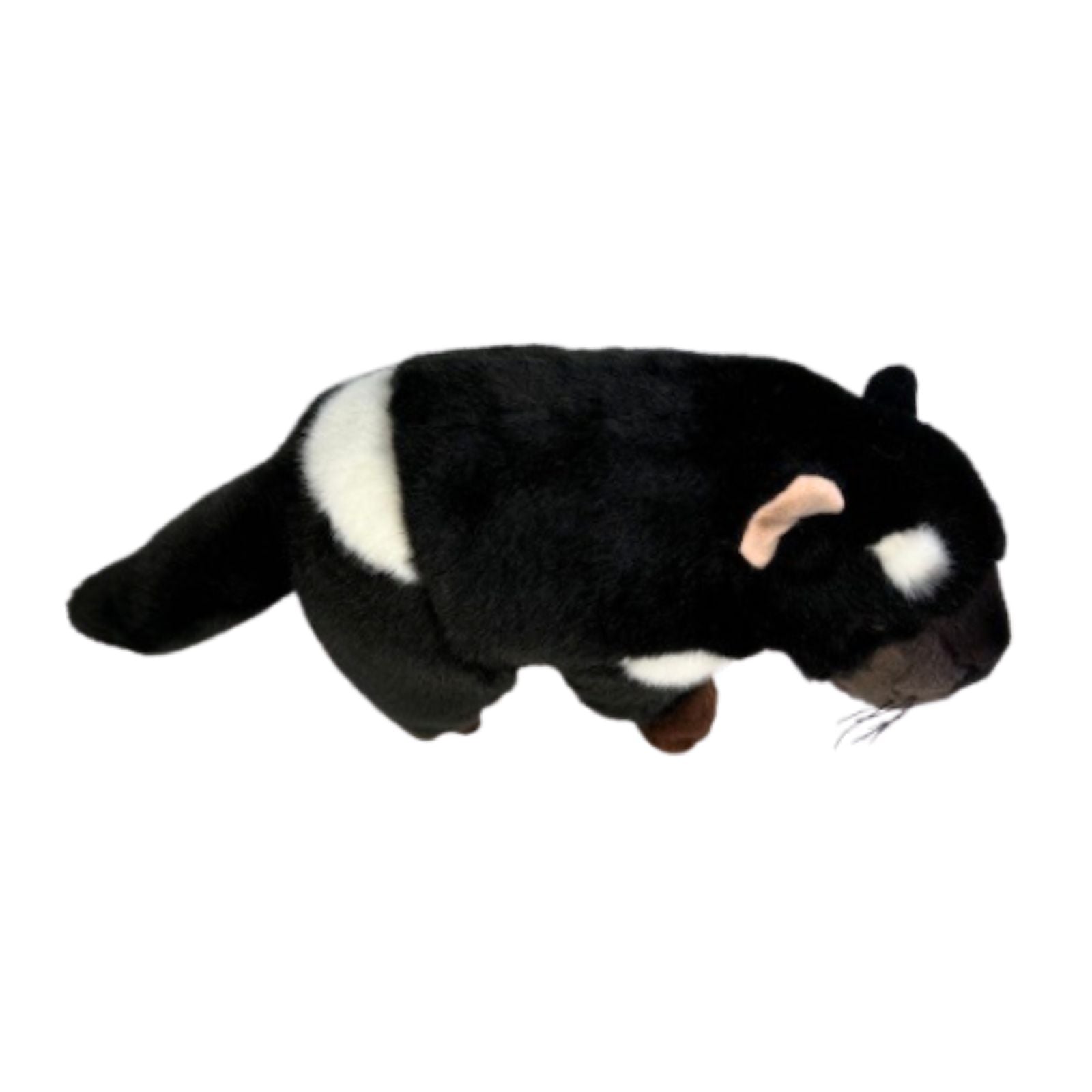 Plush toy resembling a black and white Tasmanian Devil on a white background