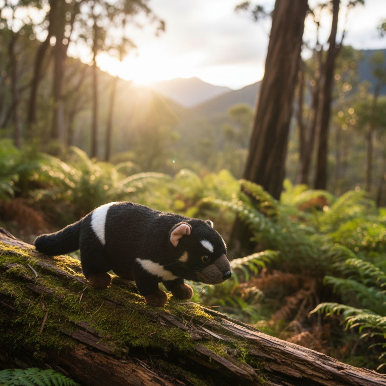 Plush toy resembling a Tasmanian Devil on a log in a forest setting with sunlight filtering through the trees.