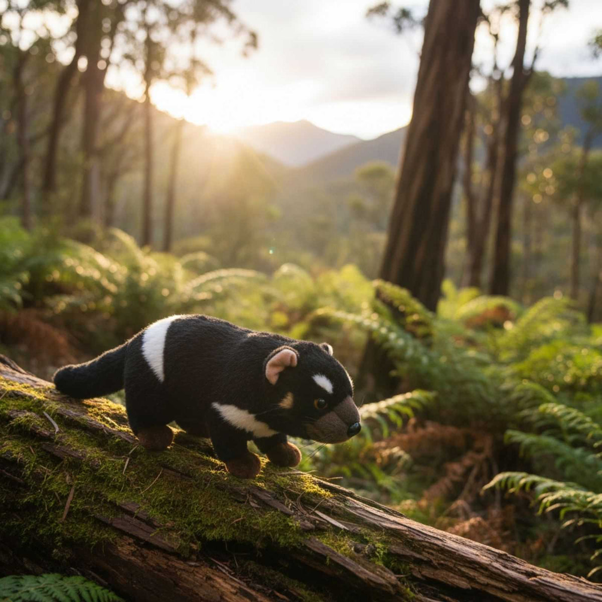 Plush toy resembling a Tasmanian Devil on a log in a forest setting with sunlight filtering through the trees.