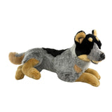 Side view of cattle dog pocket plush toy lying down