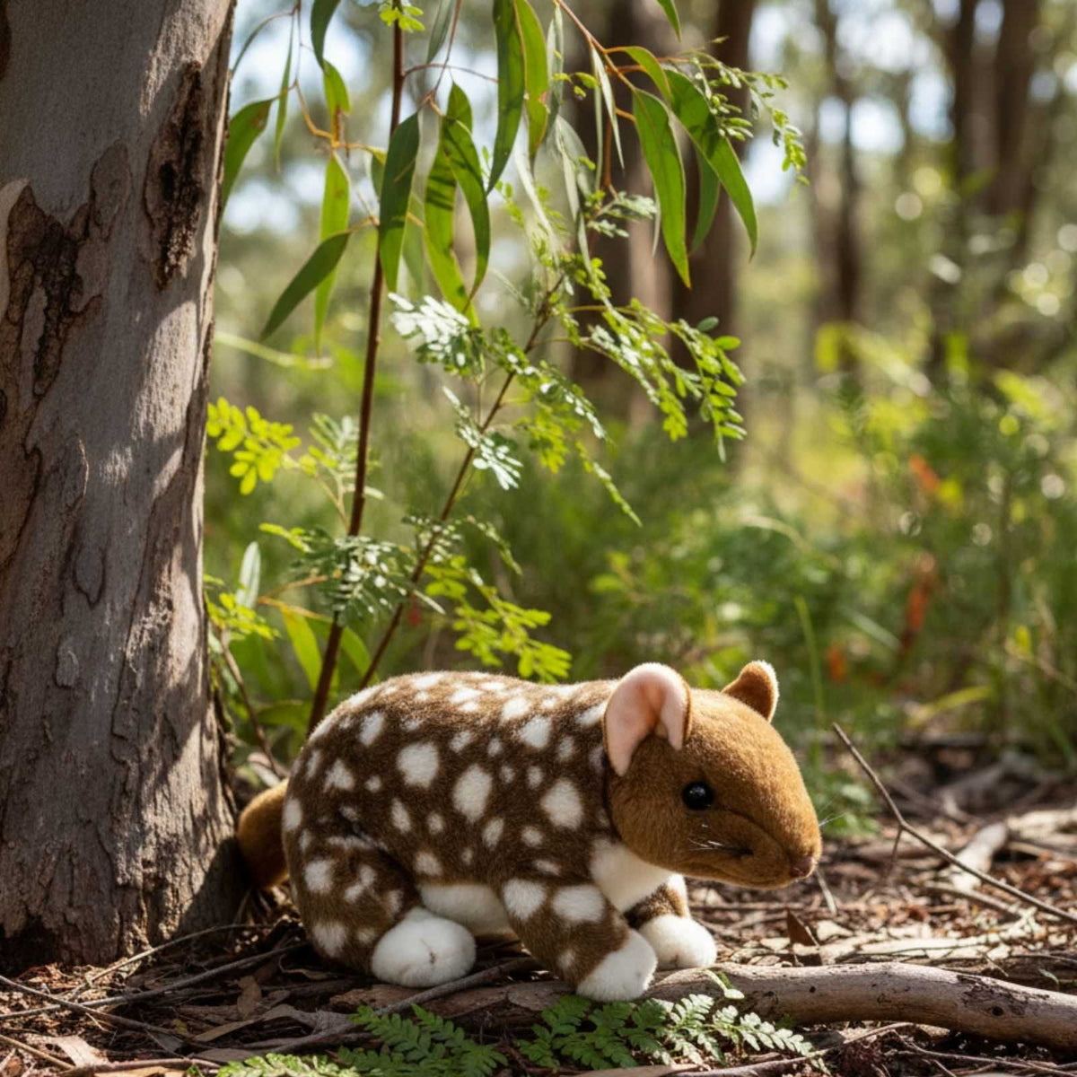 Plush toy resembling a Eastern quoll in a natural setting with trees and foliage.