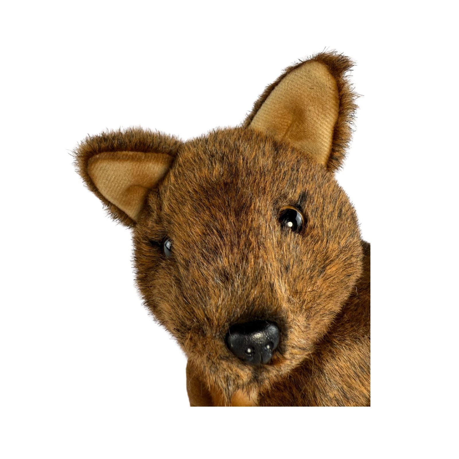 Close-up of a stuffed animal resembling a Pademelons with a brown and black fur pattern on a white background.
